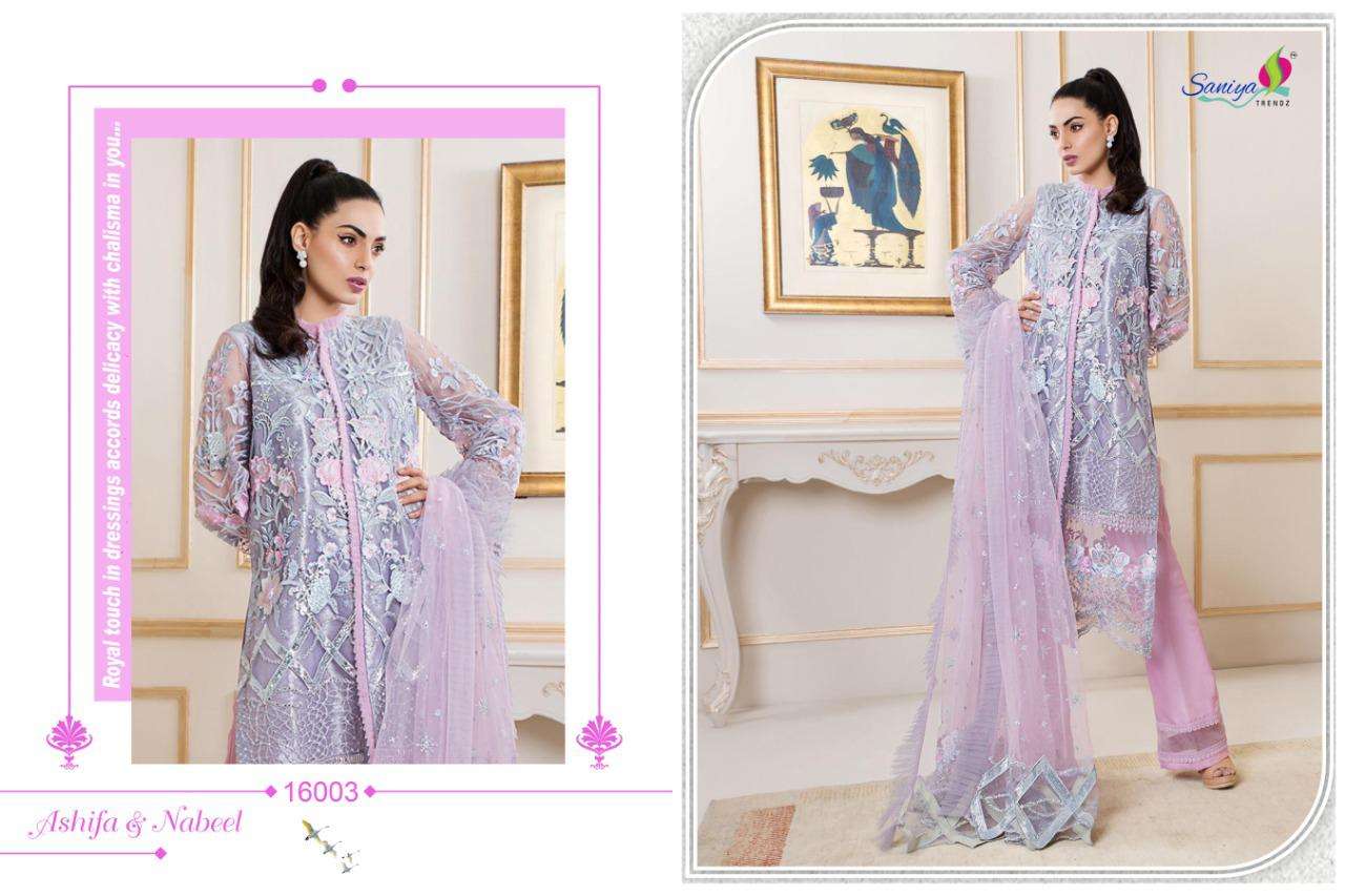 ASHIFA AND NABEEL BY SANIYA TRENDZ 16001 TO 16004 SERIES BEAUTIFUL SUITS STYLISH FANCY COLORFUL CASUAL WEAR & ETHNIC WEAR BUTTERFLY NET WITH EMBROIDERY DRESSES AT WHOLESALE PRICE