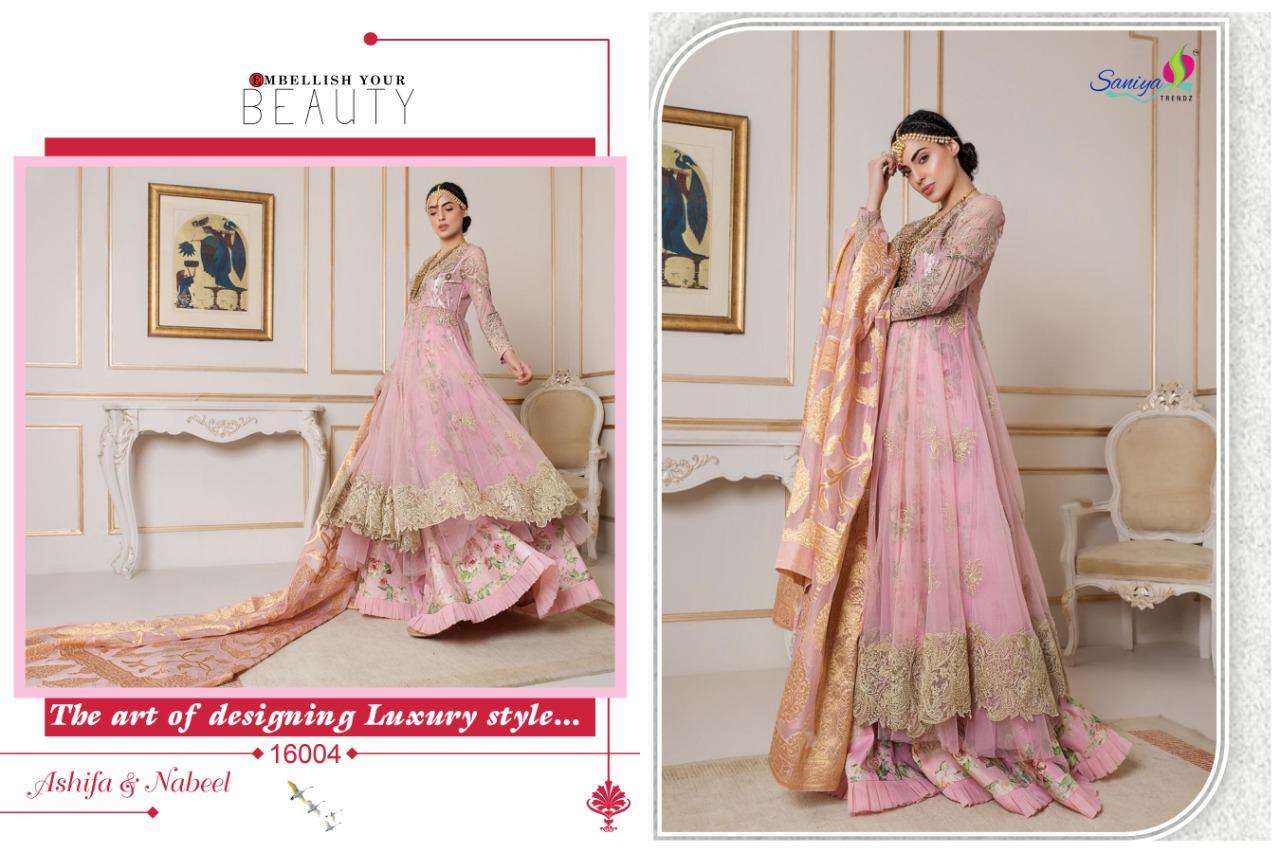ASHIFA AND NABEEL BY SANIYA TRENDZ 16001 TO 16004 SERIES BEAUTIFUL SUITS STYLISH FANCY COLORFUL CASUAL WEAR & ETHNIC WEAR BUTTERFLY NET WITH EMBROIDERY DRESSES AT WHOLESALE PRICE