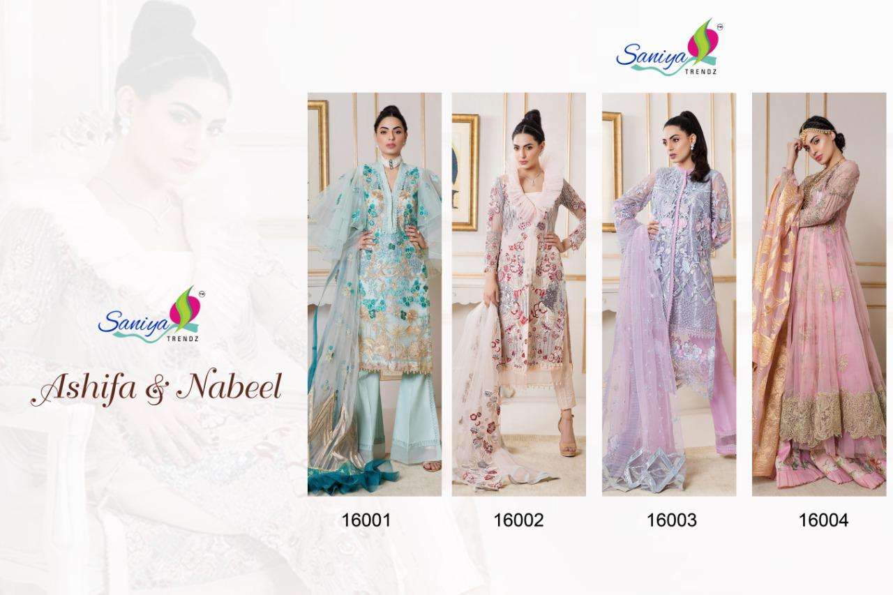 ASHIFA AND NABEEL BY SANIYA TRENDZ 16001 TO 16004 SERIES BEAUTIFUL SUITS STYLISH FANCY COLORFUL CASUAL WEAR & ETHNIC WEAR BUTTERFLY NET WITH EMBROIDERY DRESSES AT WHOLESALE PRICE