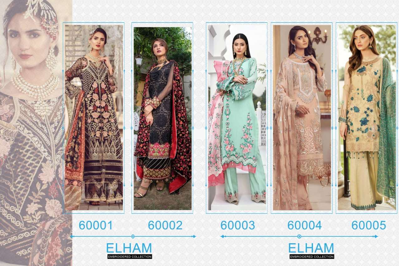 Elham By Charizma Designer 60001 To 60005 Series Beautiful Suits Stylish Fancy Colorful Casual Wear & Ethnic Wear Faux Georgette With Embroidery Dresses At Wholesale Price