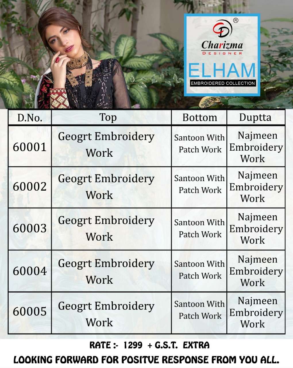 Elham By Charizma Designer 60001 To 60005 Series Beautiful Suits Stylish Fancy Colorful Casual Wear & Ethnic Wear Faux Georgette With Embroidery Dresses At Wholesale Price