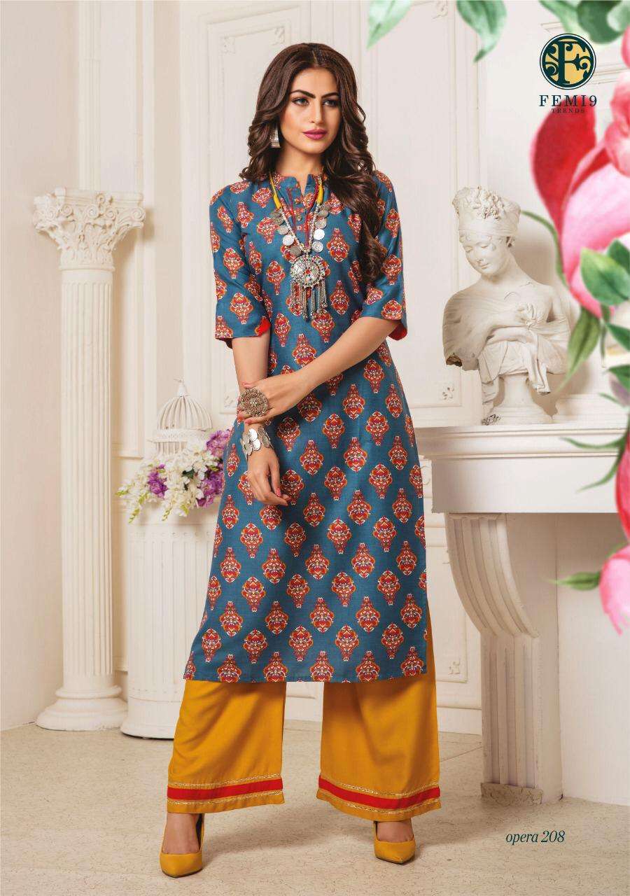 Opera Vol-2 By Femi9 Trendz 2001 To 2010 Series Beautiful Stylish Fancy Colorful Casual Wear & Ethnic Wear Rayon Print Kurtis With Palazzo At Wholesale Price