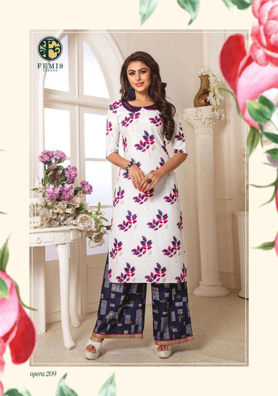 Opera Vol-2 By Femi9 Trendz 2001 To 2010 Series Beautiful Stylish Fancy Colorful Casual Wear & Ethnic Wear Rayon Print Kurtis With Palazzo At Wholesale Price