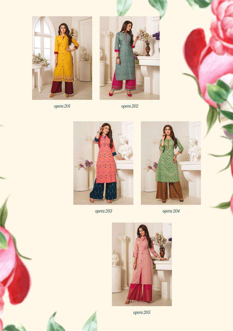 Opera Vol-2 By Femi9 Trendz 2001 To 2010 Series Beautiful Stylish Fancy Colorful Casual Wear & Ethnic Wear Rayon Print Kurtis With Palazzo At Wholesale Price