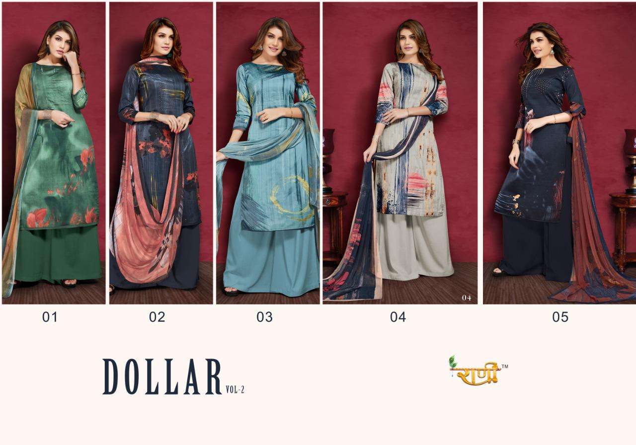 DOLLAR VOL-2 BY RANI 01 TO 05 SERIES DESIGNER SUITS BEAUTIFUL FANCY COLORFUL STYLISH PARTY WEAR & ETHNIC WEAR HEAVY JAM SILK PRINTED DRESSES AT WHOLESALE PRICE