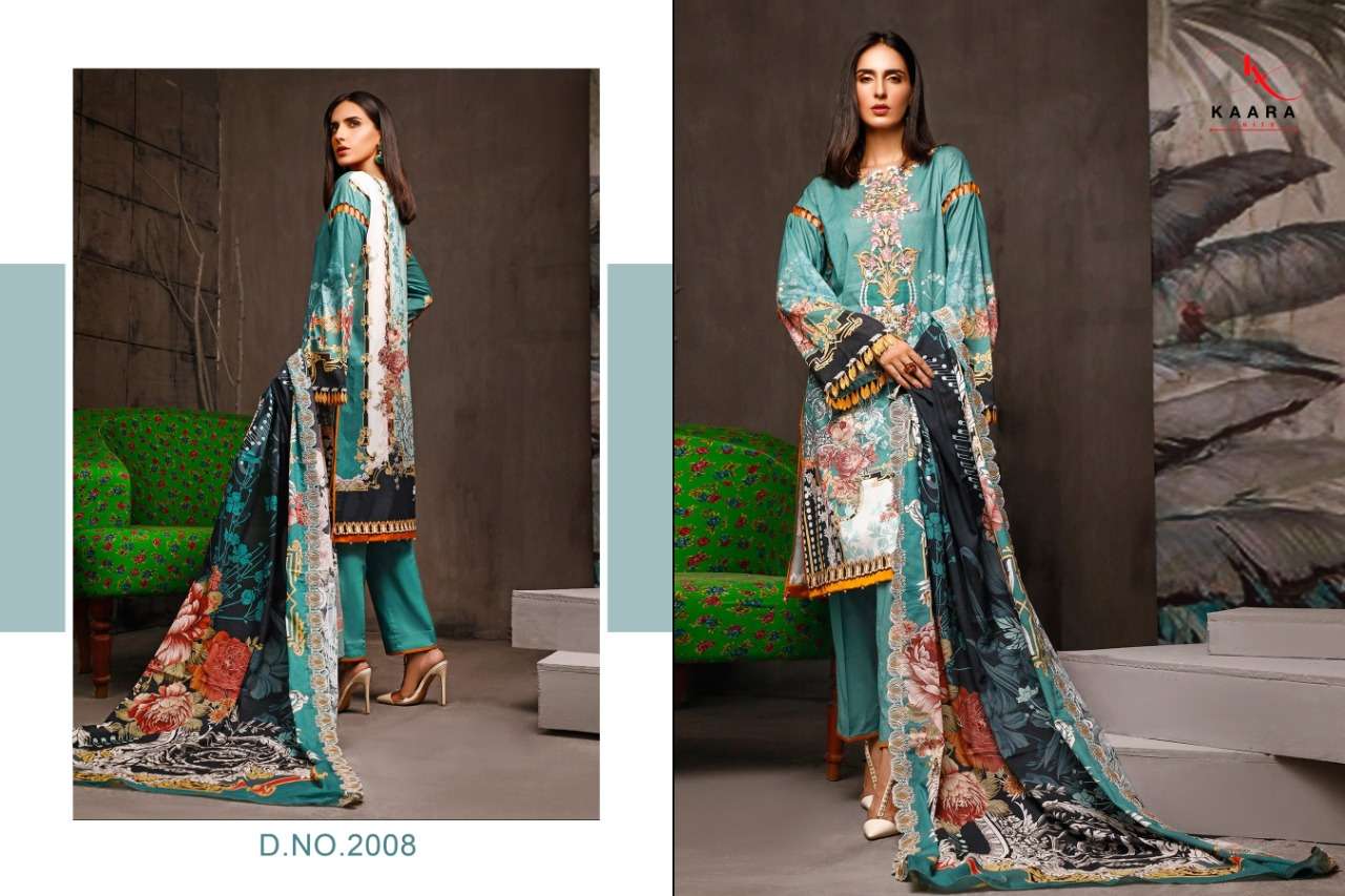 FIRDOUS LAWN COLLECTION VOL-2 BY KAARA SUITS 2001 TO 2008 SERIES BEAUTIFUL SUITS STYLISH FANCY COLORFUL PARTY WEAR & OCCASIONAL WEAR PURE COTTON DIGITAL PRINT WITH EMBROIDERY DRESSES AT WHOLESALE PRICE