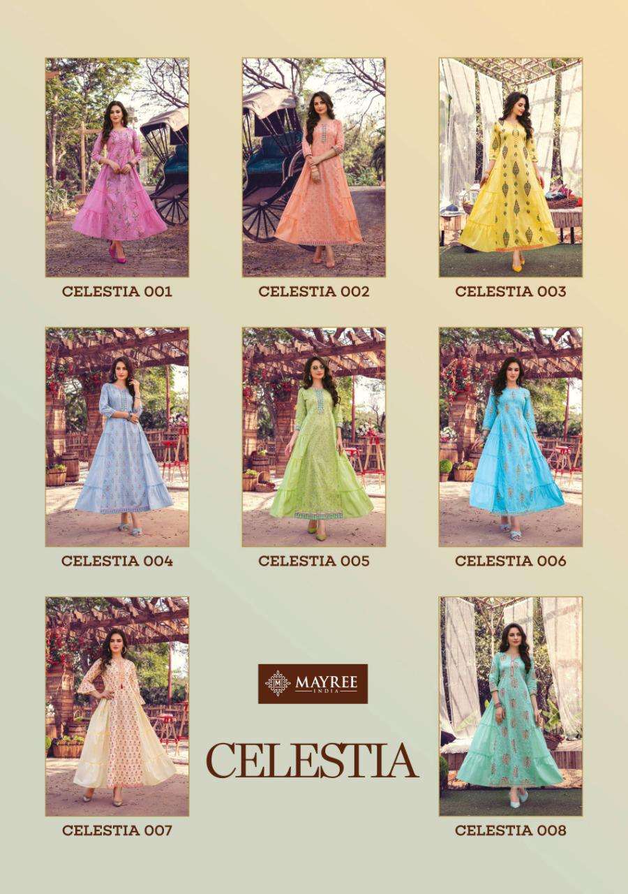 CELESTIA BY MAYREE 001 TO 008 SERIES BEAUTIFUL COLORFUL STYLISH FANCY CASUAL WEAR & ETHNIC WEAR & READY TO WEAR COTTON MAL WITH HANDWORK GOWN AT WHOLESALE PRICE