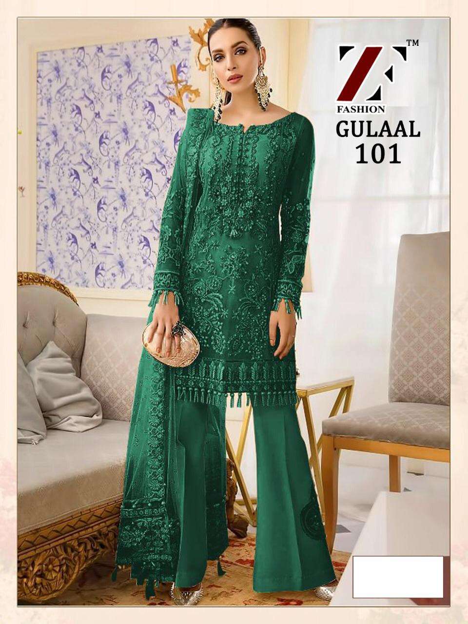 GULAAL HIT DESIGN 101 BY ZIYA FASHION BEAUTIFUL PAKISTANI SUITS COLORFUL STYLISH FANCY CASUAL WEAR & ETHNIC WEAR BUTTERFLY NET EMBROIDERED DRESSES AT WHOLESALE PRICE
