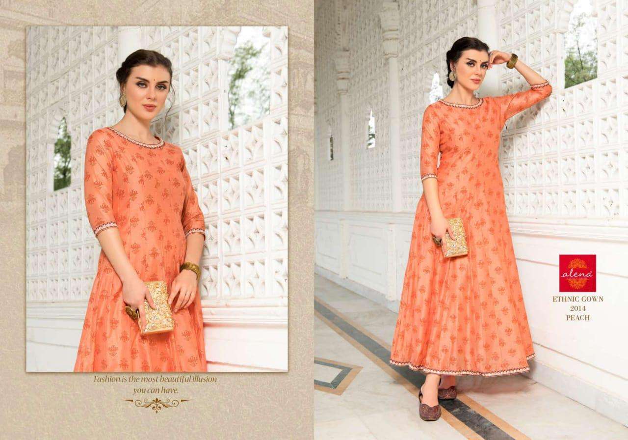 ALENA BY ETHNIC GOWN 1009 TO 1014 SERIES DESIGNER BEAUTIFUL STYLISH FANCY COLORFUL PARTY WEAR & ETHNIC WEAR & READY TO WEAR CHANDERI GOWN AT WHOLESALE PRICE