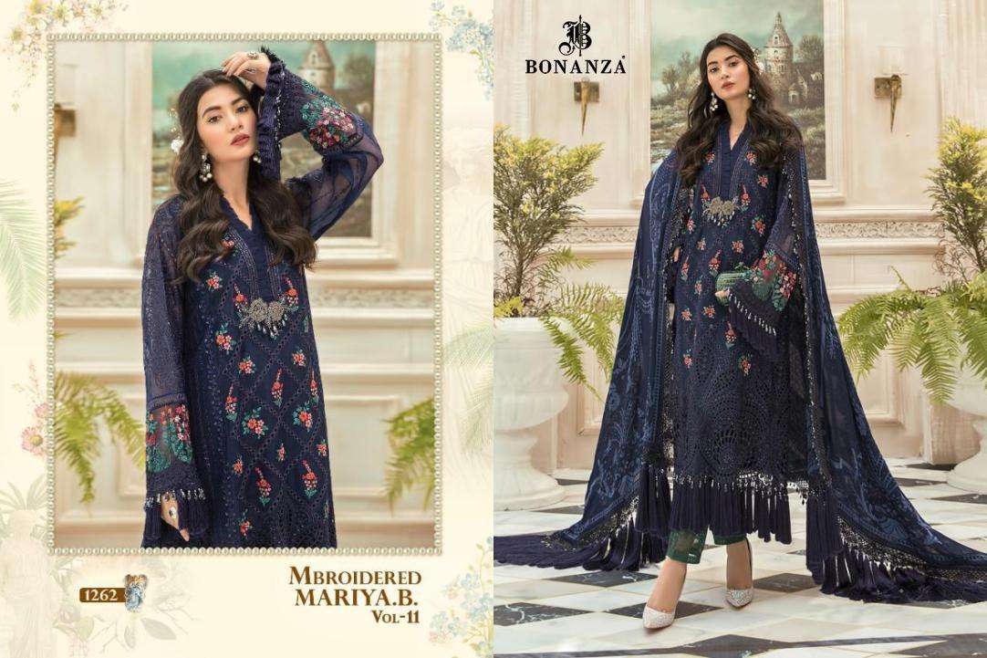 MBROIDERED MARIYA.B. VOL-11 BY BONANZA 1262 TO 1262-B SERIES BEAUTIFUL SUITS STYLISH FANCY COLORFUL CASUAL WEAR & ETHNIC WEAR HEAVY FAUX GEORGETTE WITH EMBROIDERY DRESSES AT WHOLESALE PRICE