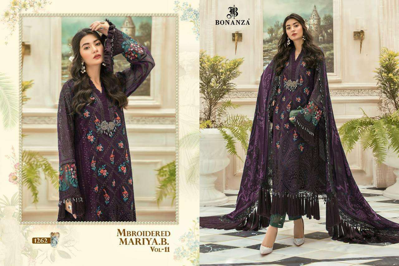 MBROIDERED MARIYA.B. VOL-11 BY BONANZA 1262 TO 1262-B SERIES BEAUTIFUL SUITS STYLISH FANCY COLORFUL CASUAL WEAR & ETHNIC WEAR HEAVY FAUX GEORGETTE WITH EMBROIDERY DRESSES AT WHOLESALE PRICE