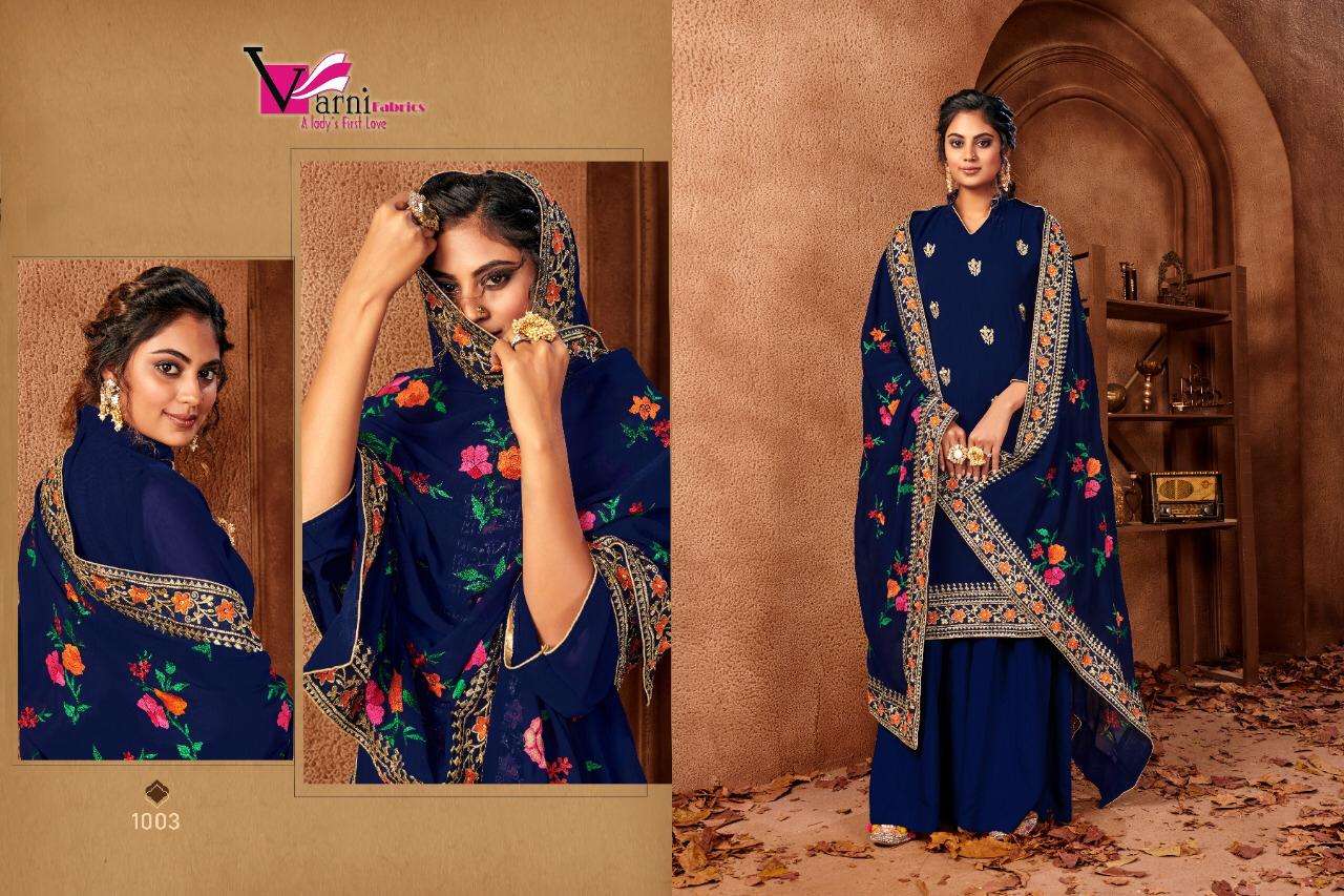 RIYASAT BY VARNI FABRICS 1001 TO 1004 SERIES BEAUTIFUL SHARARA SUITS STYLISH FANCY COLORFUL CASUAL WEAR & ETHNIC WEAR FAUX GEORGETTE EMBROIDERED DRESSES AT WHOLESALE PRICE