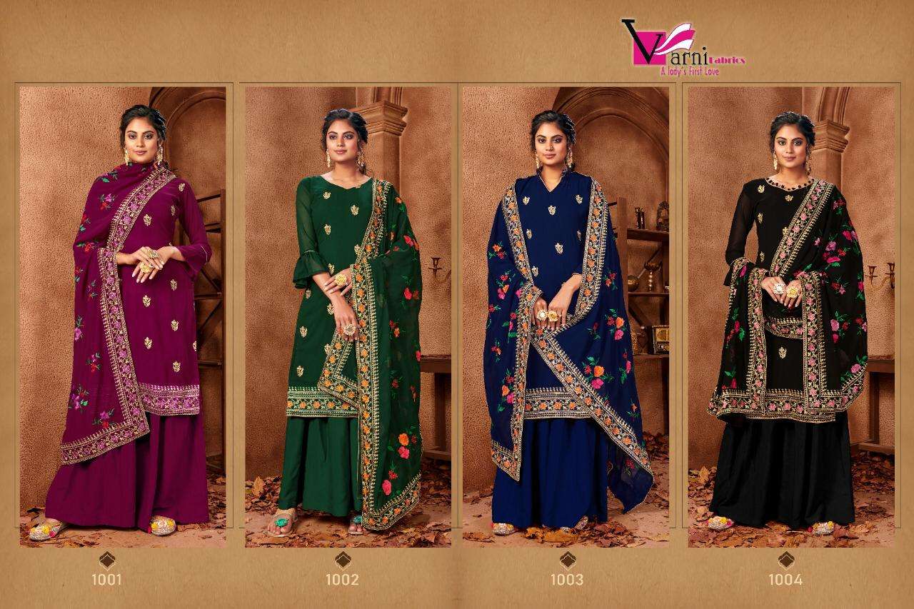 RIYASAT BY VARNI FABRICS 1001 TO 1004 SERIES BEAUTIFUL SHARARA SUITS STYLISH FANCY COLORFUL CASUAL WEAR & ETHNIC WEAR FAUX GEORGETTE EMBROIDERED DRESSES AT WHOLESALE PRICE