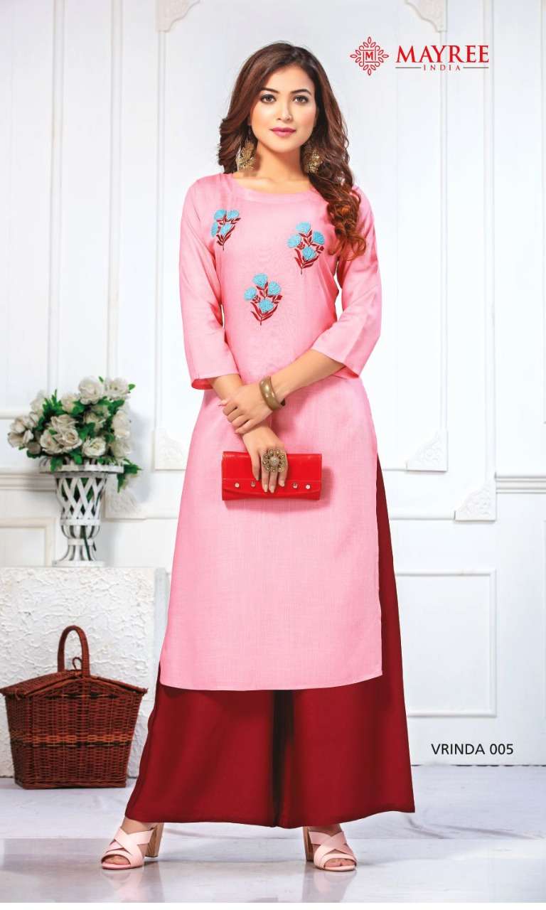 VRINDA BY MAYREE 001 TO 010 SERIES BEAUTIFUL STYLISH FANCY COLORFUL CASUAL WEAR & ETHNIC WEAR & READY TO WEAR RAYON EMBROIDERED KURTIS WITH BOTTOM AT WHOLESALE PRICE