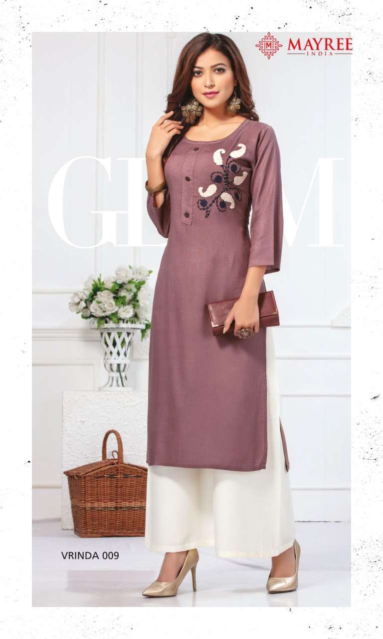 VRINDA BY MAYREE 001 TO 010 SERIES BEAUTIFUL STYLISH FANCY COLORFUL CASUAL WEAR & ETHNIC WEAR & READY TO WEAR RAYON EMBROIDERED KURTIS WITH BOTTOM AT WHOLESALE PRICE