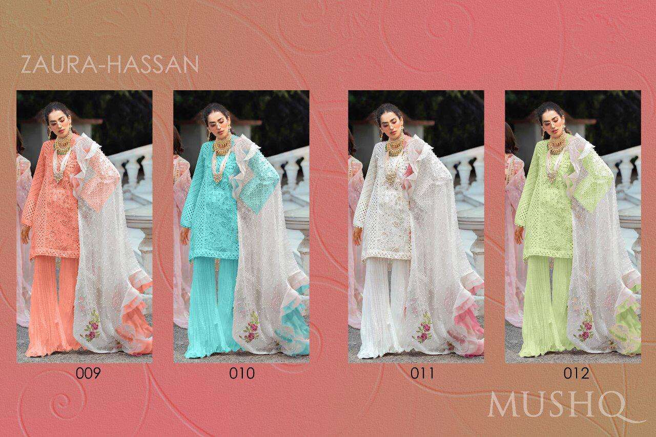 MUSHQ BY ZAURA HASSAN 009 TO 012 SERIES PAKISTANI SUITS BEAUTIFUL FANCY COLORFUL STYLISH PARTY WEAR & OCCASIONAL WEAR HEAVY CAMBRIC COTTON WITH EMBROIDERY DRESSES AT WHOLESALE PRICE