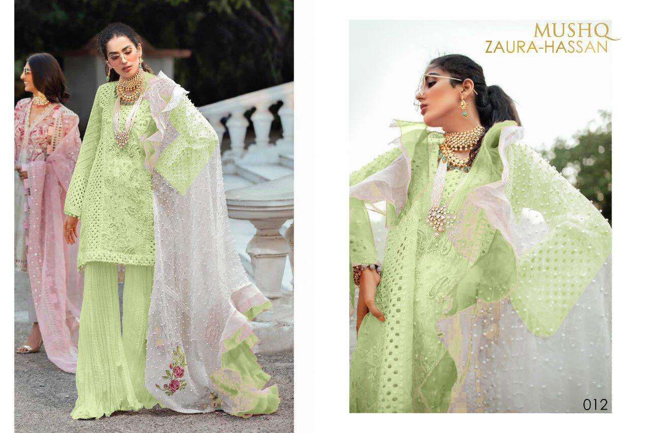 MUSHQ BY ZAURA HASSAN 009 TO 012 SERIES PAKISTANI SUITS BEAUTIFUL FANCY COLORFUL STYLISH PARTY WEAR & OCCASIONAL WEAR HEAVY CAMBRIC COTTON WITH EMBROIDERY DRESSES AT WHOLESALE PRICE