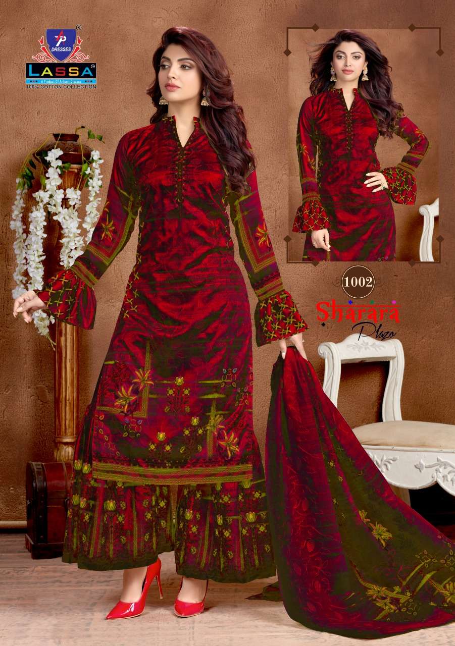 SHARARA PLAZO BY LASSA 1001 TO 1010 SERIES BEAUTIFUL STYLISH PATIALA SUITS FANCY COLORFUL CASUAL WEAR & ETHNIC WEAR & READY TO WEAR COTTON PRINTED DRESSES AT WHOLESALE PRICE
