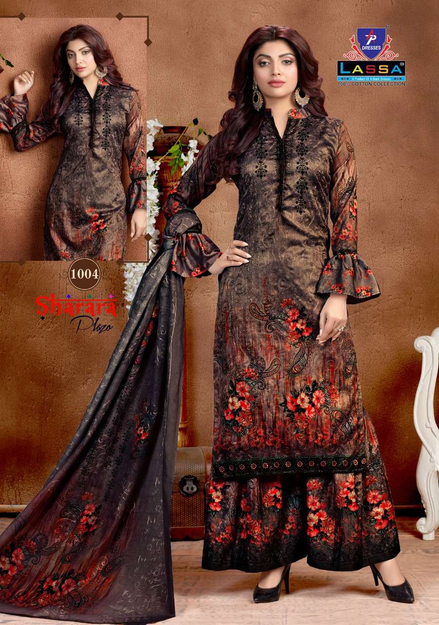 SHARARA PLAZO BY LASSA 1001 TO 1010 SERIES BEAUTIFUL STYLISH PATIALA SUITS FANCY COLORFUL CASUAL WEAR & ETHNIC WEAR & READY TO WEAR COTTON PRINTED DRESSES AT WHOLESALE PRICE