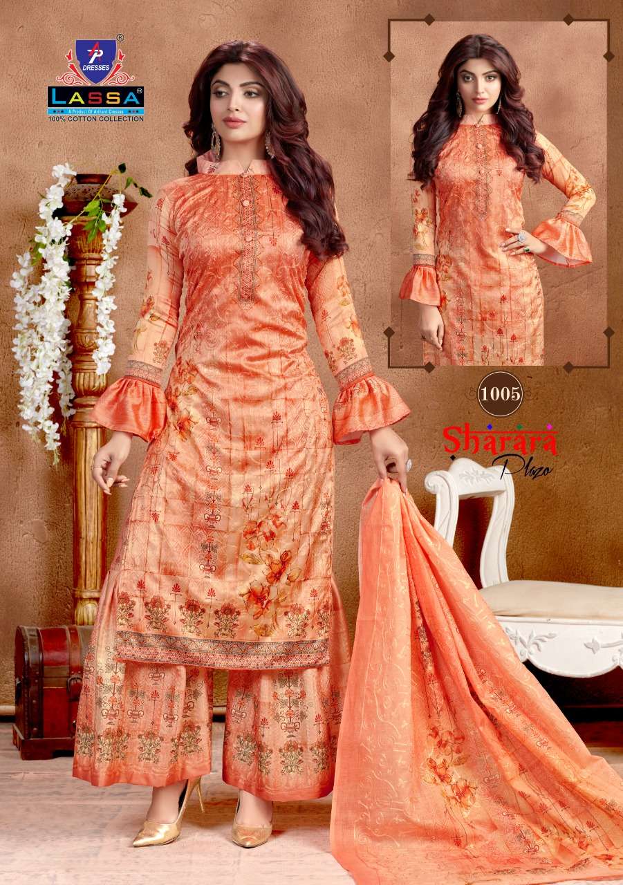 SHARARA PLAZO BY LASSA 1001 TO 1010 SERIES BEAUTIFUL STYLISH PATIALA SUITS FANCY COLORFUL CASUAL WEAR & ETHNIC WEAR & READY TO WEAR COTTON PRINTED DRESSES AT WHOLESALE PRICE