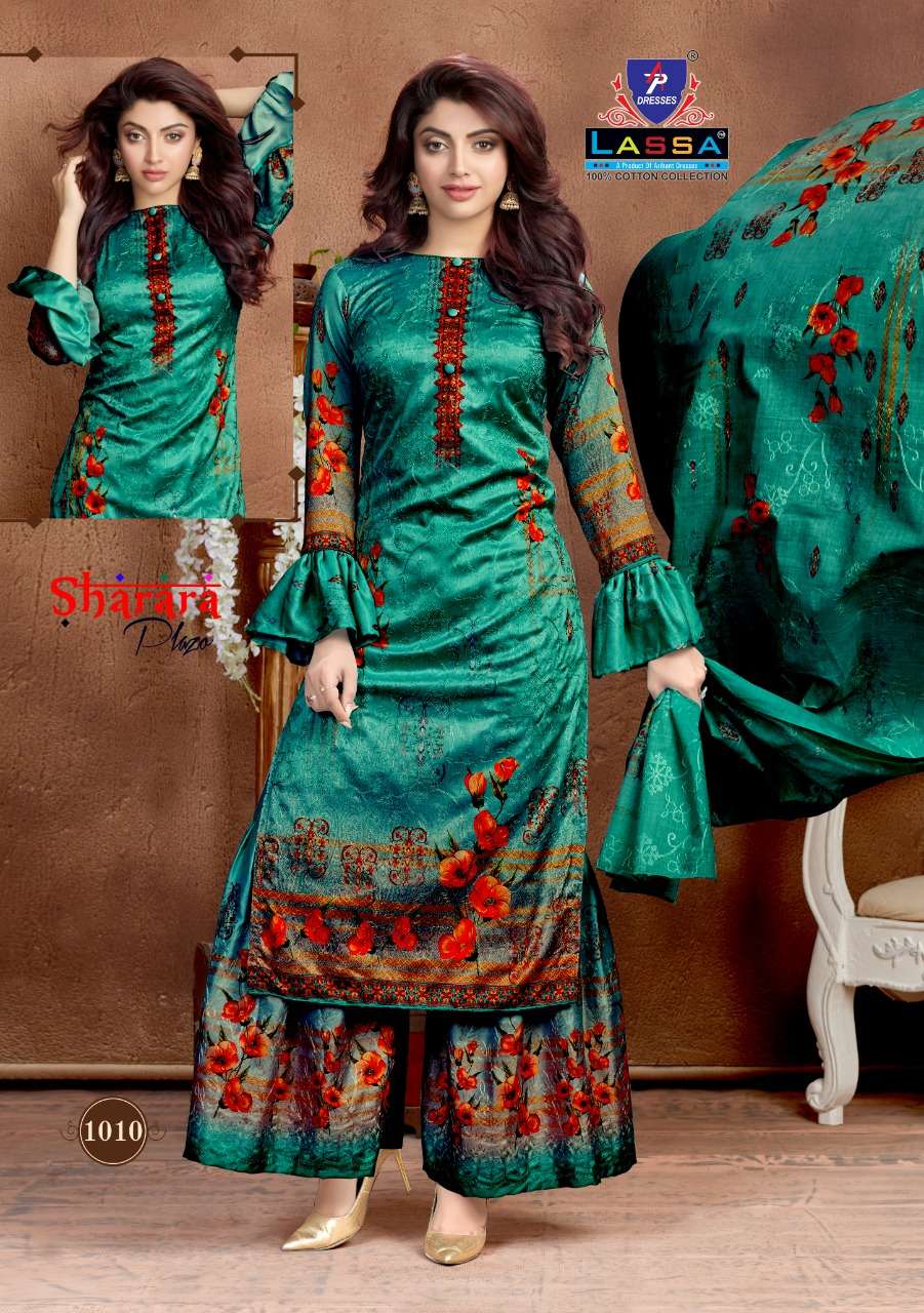 SHARARA PLAZO BY LASSA 1001 TO 1010 SERIES BEAUTIFUL STYLISH PATIALA SUITS FANCY COLORFUL CASUAL WEAR & ETHNIC WEAR & READY TO WEAR COTTON PRINTED DRESSES AT WHOLESALE PRICE