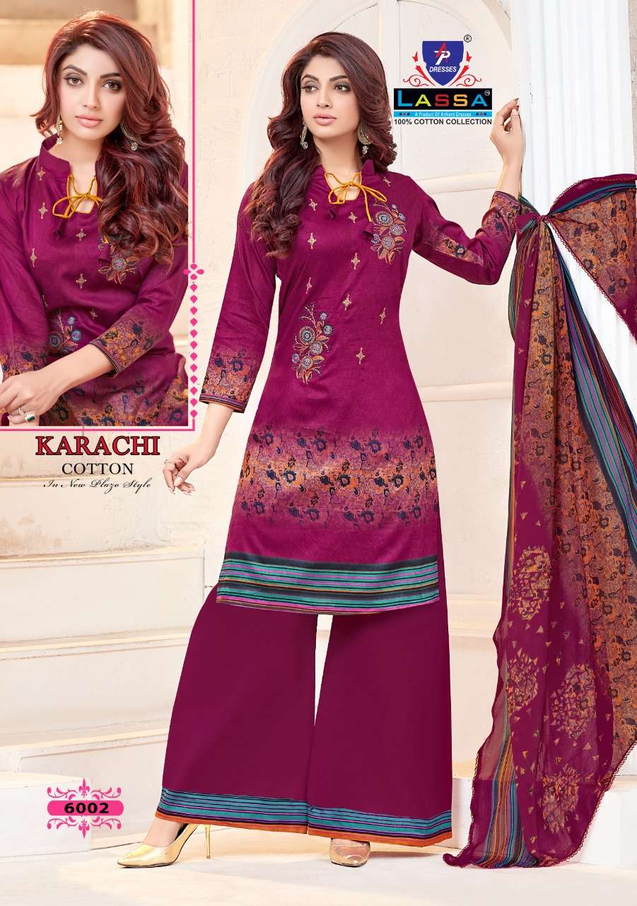 KARACHI COTTON VOL-6 BY LASSA 6001 TO 6010 SERIES BEAUTIFUL STYLISH PATIALA SUITS FANCY COLORFUL CASUAL WEAR & ETHNIC WEAR & READY TO WEAR COTTON PRINTED DRESSES AT WHOLESALE PRICE