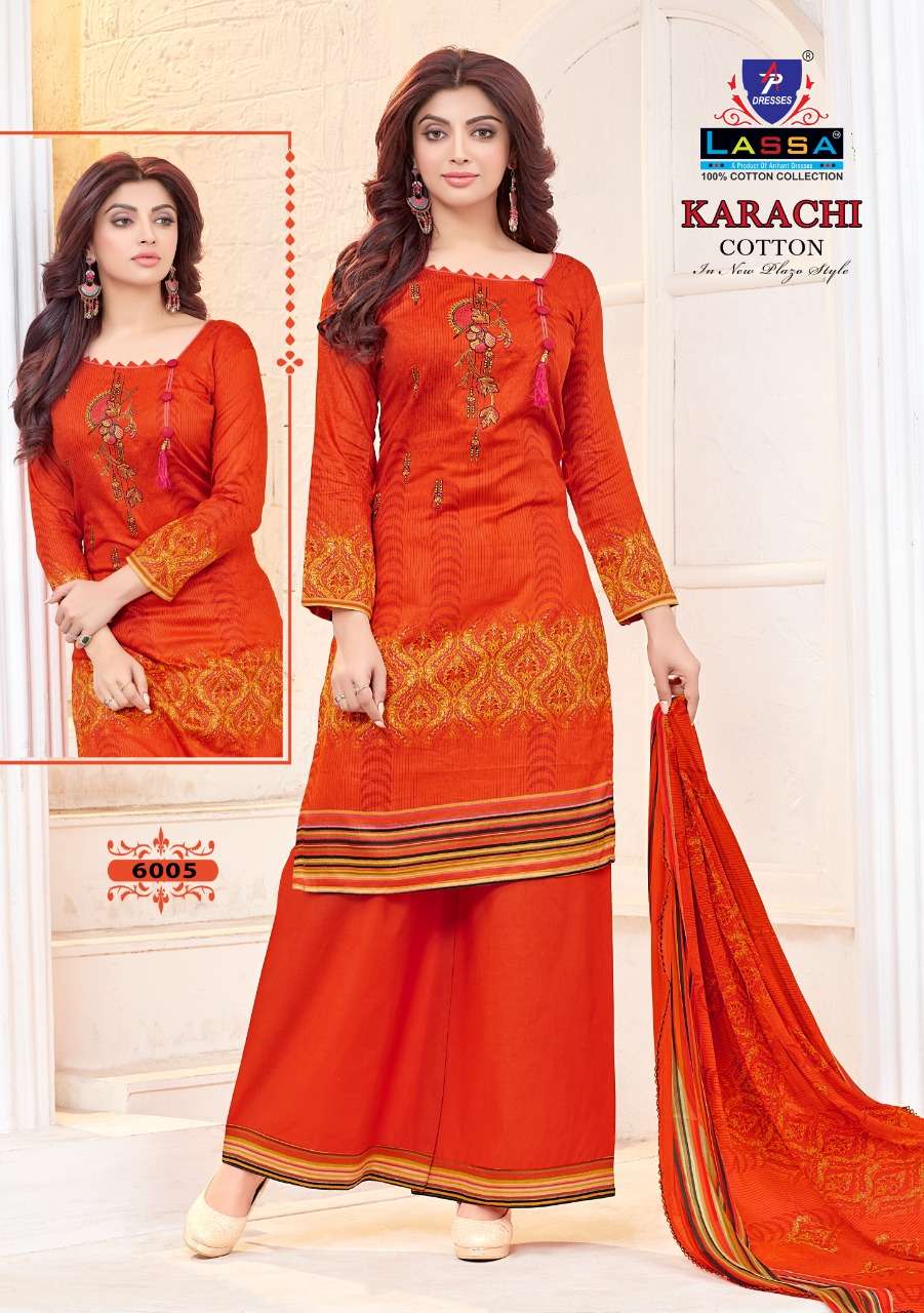 KARACHI COTTON VOL-6 BY LASSA 6001 TO 6010 SERIES BEAUTIFUL STYLISH PATIALA SUITS FANCY COLORFUL CASUAL WEAR & ETHNIC WEAR & READY TO WEAR COTTON PRINTED DRESSES AT WHOLESALE PRICE