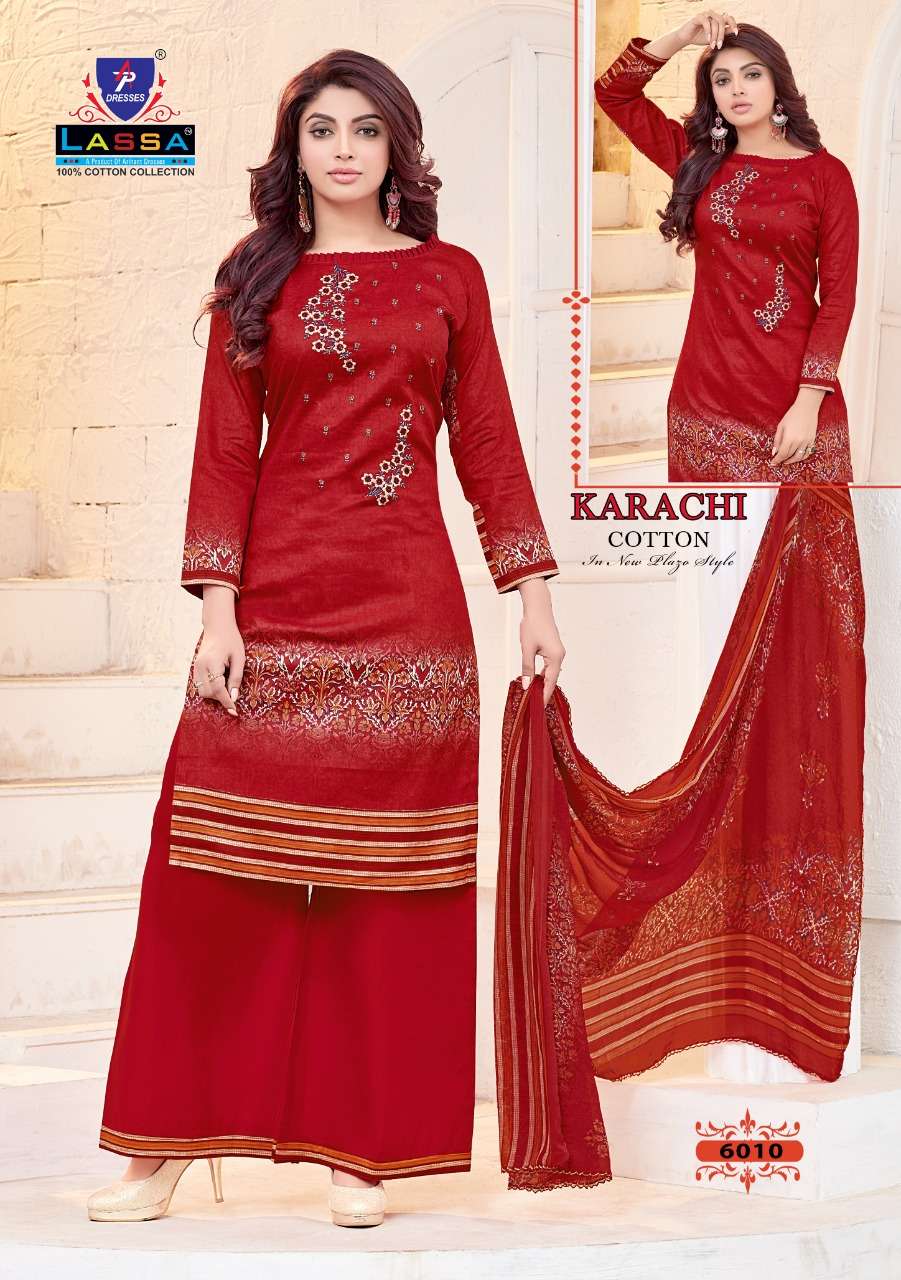 KARACHI COTTON VOL-6 BY LASSA 6001 TO 6010 SERIES BEAUTIFUL STYLISH PATIALA SUITS FANCY COLORFUL CASUAL WEAR & ETHNIC WEAR & READY TO WEAR COTTON PRINTED DRESSES AT WHOLESALE PRICE