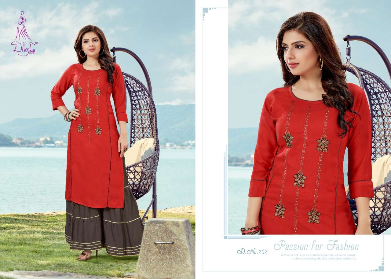 NETRA BY DIKSHA FASHION 201 TO 208 SERIES BEAUTIFUL COLORFUL STYLISH FANCY CASUAL WEAR & ETHNIC WEAR & READY TO WEAR HEAVY RAYON WITH EMBROIDERY KURTIS AT WHOLESALE PRICE