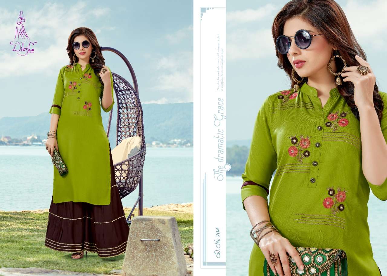 NETRA BY DIKSHA FASHION 201 TO 208 SERIES BEAUTIFUL COLORFUL STYLISH FANCY CASUAL WEAR & ETHNIC WEAR & READY TO WEAR HEAVY RAYON WITH EMBROIDERY KURTIS AT WHOLESALE PRICE
