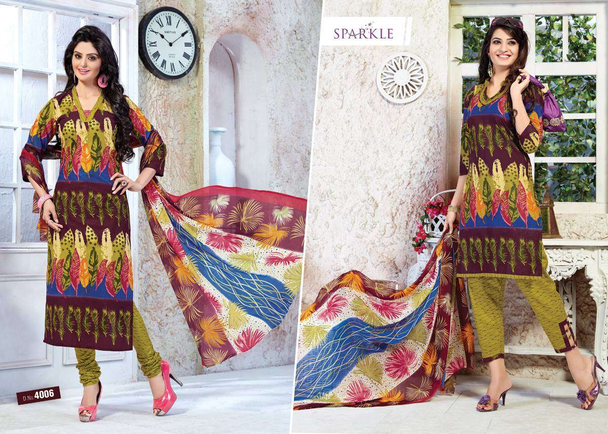 SPARKLE VOL-4 BY PATIDAR MILLS 4001 TO 4010 SERIES BEAUTIFUL STYLISH PATIALA SUITS FANCY COLORFUL CASUAL WEAR & ETHNIC WEAR & READY TO WEAR COTTON PRINTED DRESSES AT WHOLESALE PRICE
