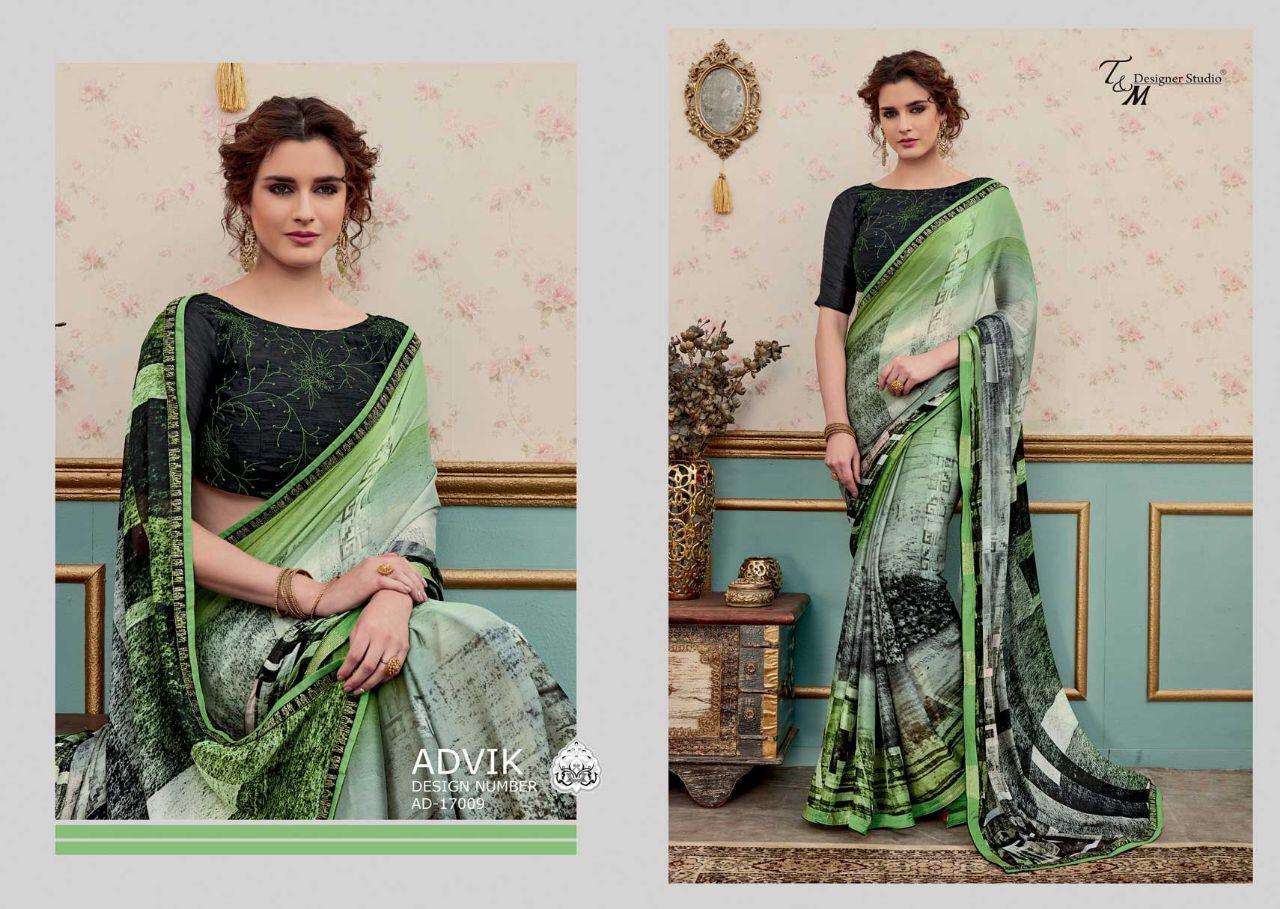 ADVIK BY T AND M DESIGNER STUDIO 17009 TO 17022 SERIES INDIAN TRADITIONAL WEAR COLLECTION BEAUTIFUL STYLISH FANCY COLORFUL PARTY WEAR & OCCASIONAL WEAR FANCY DESIGNER SAREES AT WHOLESALE PRICE