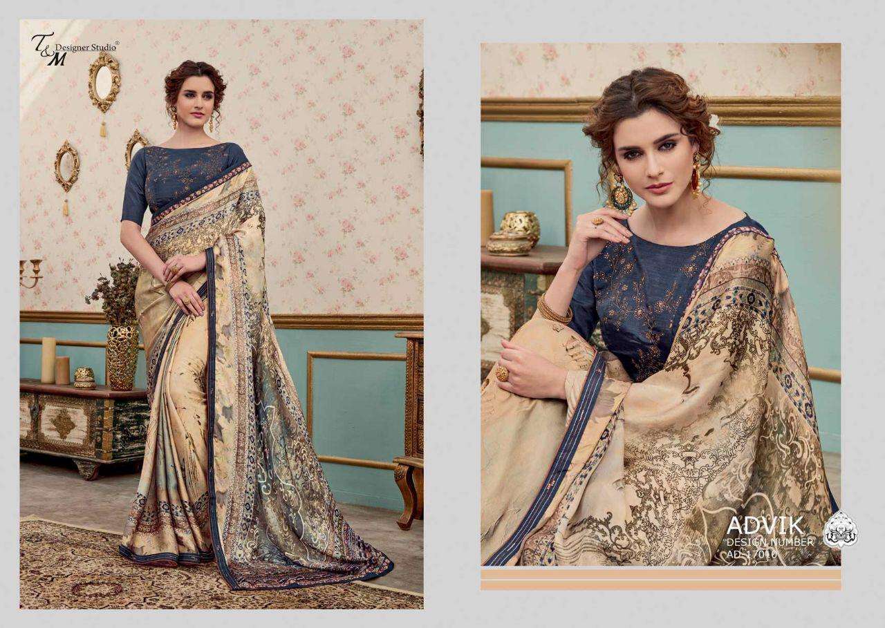 ADVIK BY T AND M DESIGNER STUDIO 17009 TO 17022 SERIES INDIAN TRADITIONAL WEAR COLLECTION BEAUTIFUL STYLISH FANCY COLORFUL PARTY WEAR & OCCASIONAL WEAR FANCY DESIGNER SAREES AT WHOLESALE PRICE