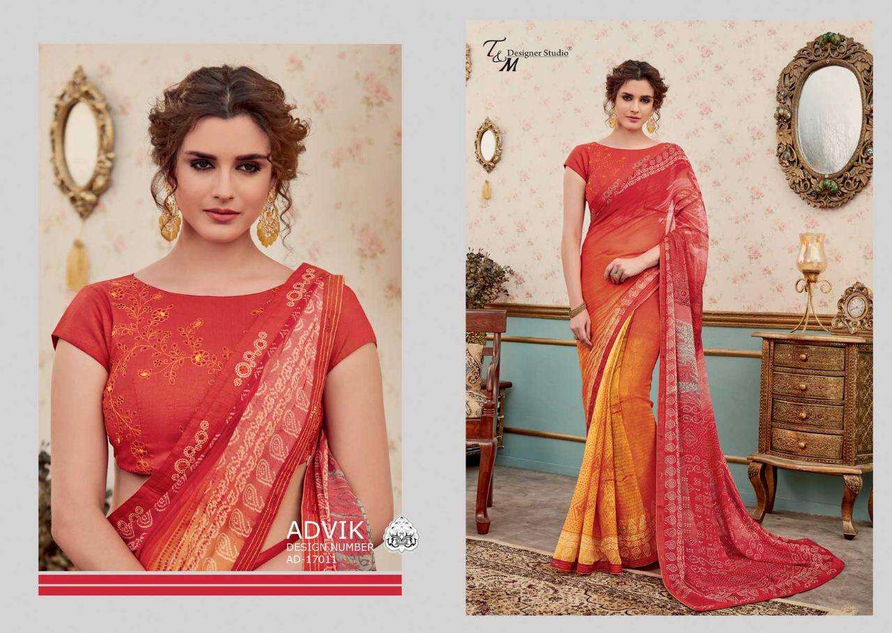 ADVIK BY T AND M DESIGNER STUDIO 17009 TO 17022 SERIES INDIAN TRADITIONAL WEAR COLLECTION BEAUTIFUL STYLISH FANCY COLORFUL PARTY WEAR & OCCASIONAL WEAR FANCY DESIGNER SAREES AT WHOLESALE PRICE