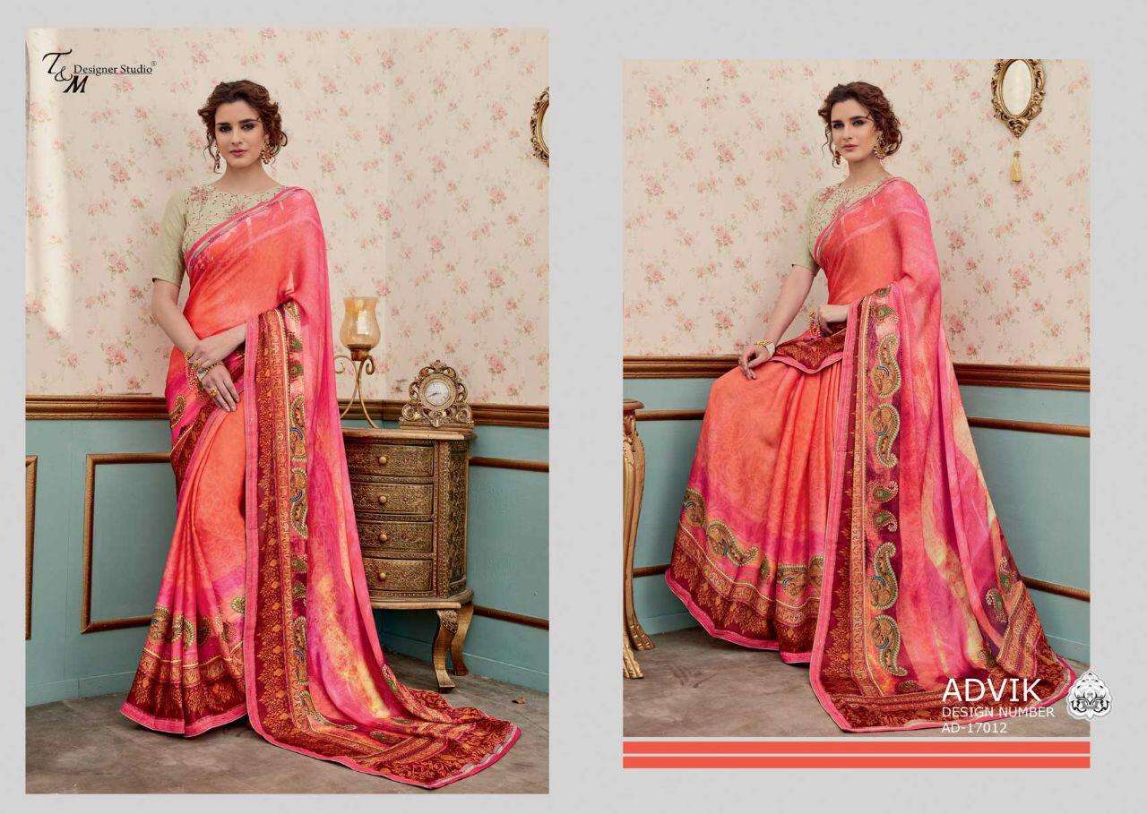 ADVIK BY T AND M DESIGNER STUDIO 17009 TO 17022 SERIES INDIAN TRADITIONAL WEAR COLLECTION BEAUTIFUL STYLISH FANCY COLORFUL PARTY WEAR & OCCASIONAL WEAR FANCY DESIGNER SAREES AT WHOLESALE PRICE