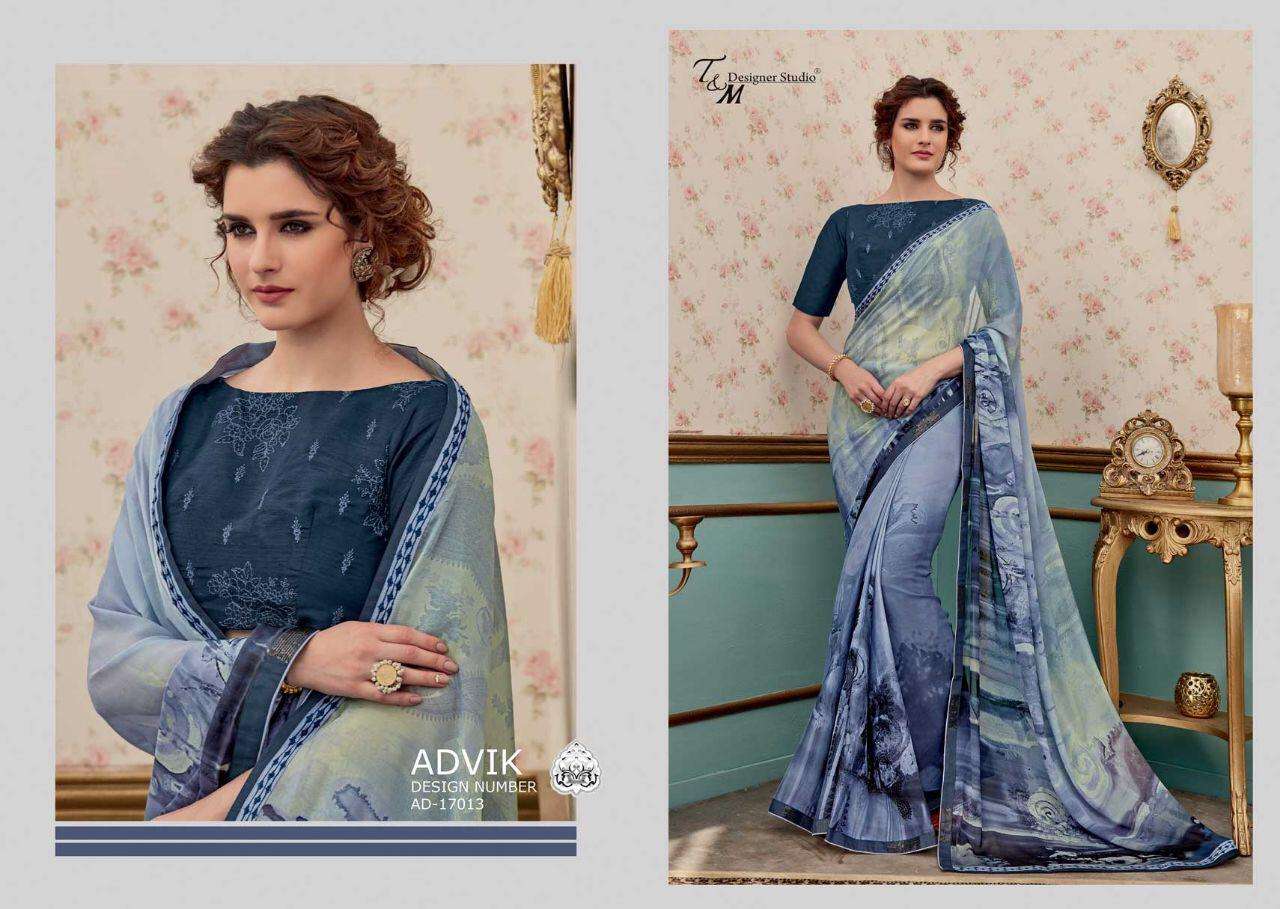 ADVIK BY T AND M DESIGNER STUDIO 17009 TO 17022 SERIES INDIAN TRADITIONAL WEAR COLLECTION BEAUTIFUL STYLISH FANCY COLORFUL PARTY WEAR & OCCASIONAL WEAR FANCY DESIGNER SAREES AT WHOLESALE PRICE
