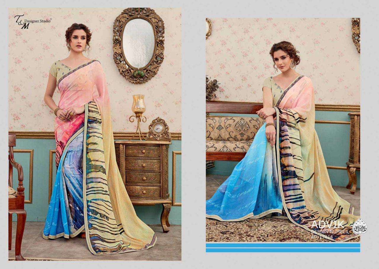 ADVIK BY T AND M DESIGNER STUDIO 17009 TO 17022 SERIES INDIAN TRADITIONAL WEAR COLLECTION BEAUTIFUL STYLISH FANCY COLORFUL PARTY WEAR & OCCASIONAL WEAR FANCY DESIGNER SAREES AT WHOLESALE PRICE