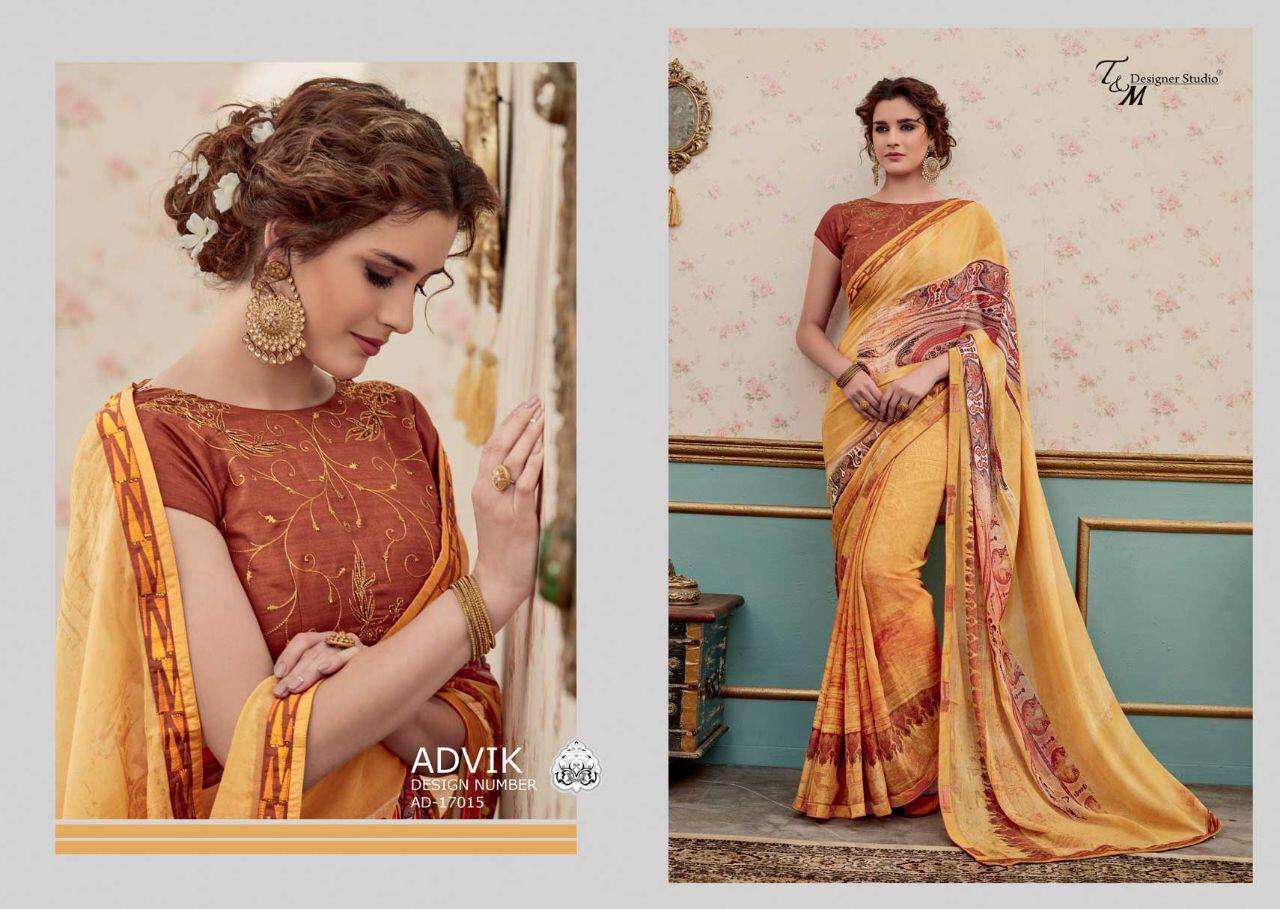 ADVIK BY T AND M DESIGNER STUDIO 17009 TO 17022 SERIES INDIAN TRADITIONAL WEAR COLLECTION BEAUTIFUL STYLISH FANCY COLORFUL PARTY WEAR & OCCASIONAL WEAR FANCY DESIGNER SAREES AT WHOLESALE PRICE