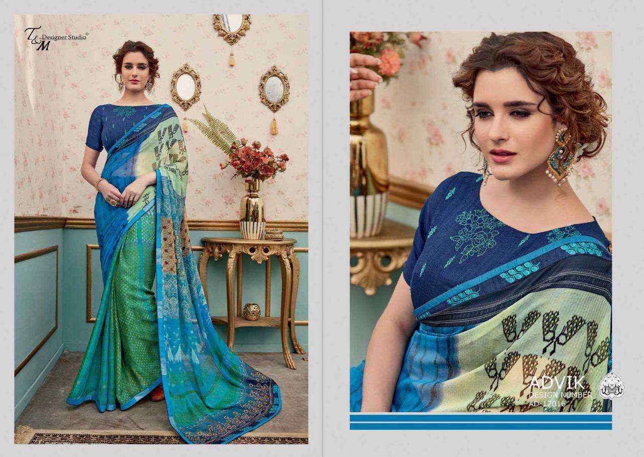 ADVIK BY T AND M DESIGNER STUDIO 17009 TO 17022 SERIES INDIAN TRADITIONAL WEAR COLLECTION BEAUTIFUL STYLISH FANCY COLORFUL PARTY WEAR & OCCASIONAL WEAR FANCY DESIGNER SAREES AT WHOLESALE PRICE