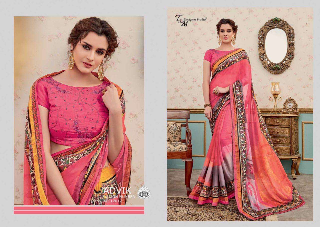 ADVIK BY T AND M DESIGNER STUDIO 17009 TO 17022 SERIES INDIAN TRADITIONAL WEAR COLLECTION BEAUTIFUL STYLISH FANCY COLORFUL PARTY WEAR & OCCASIONAL WEAR FANCY DESIGNER SAREES AT WHOLESALE PRICE