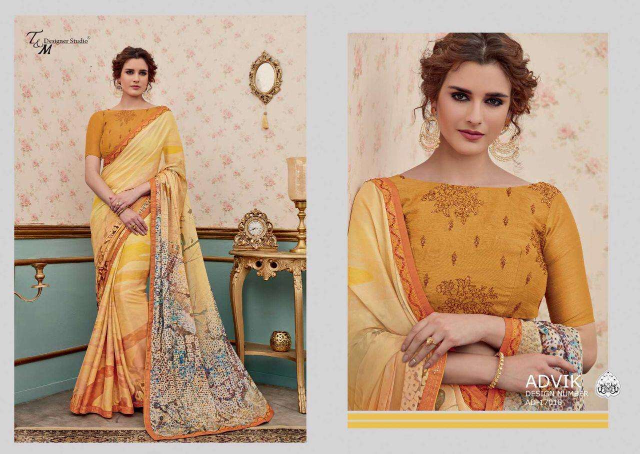 ADVIK BY T AND M DESIGNER STUDIO 17009 TO 17022 SERIES INDIAN TRADITIONAL WEAR COLLECTION BEAUTIFUL STYLISH FANCY COLORFUL PARTY WEAR & OCCASIONAL WEAR FANCY DESIGNER SAREES AT WHOLESALE PRICE
