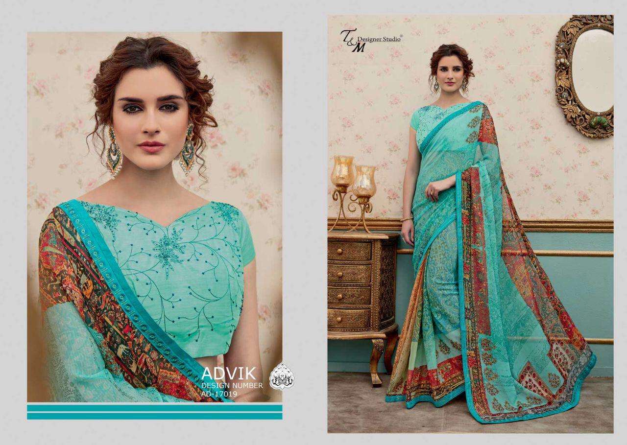ADVIK BY T AND M DESIGNER STUDIO 17009 TO 17022 SERIES INDIAN TRADITIONAL WEAR COLLECTION BEAUTIFUL STYLISH FANCY COLORFUL PARTY WEAR & OCCASIONAL WEAR FANCY DESIGNER SAREES AT WHOLESALE PRICE