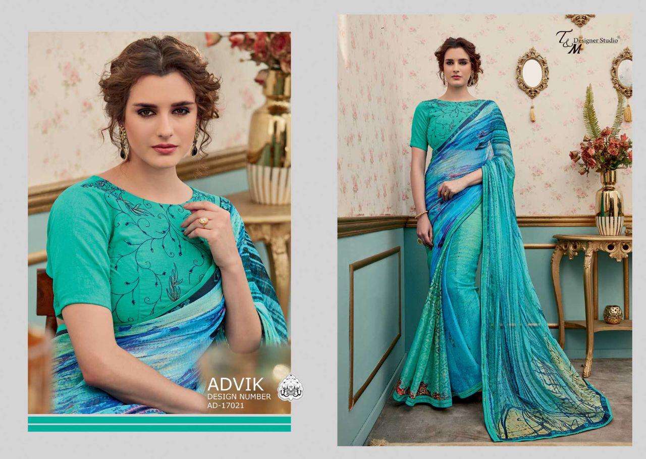 ADVIK BY T AND M DESIGNER STUDIO 17009 TO 17022 SERIES INDIAN TRADITIONAL WEAR COLLECTION BEAUTIFUL STYLISH FANCY COLORFUL PARTY WEAR & OCCASIONAL WEAR FANCY DESIGNER SAREES AT WHOLESALE PRICE