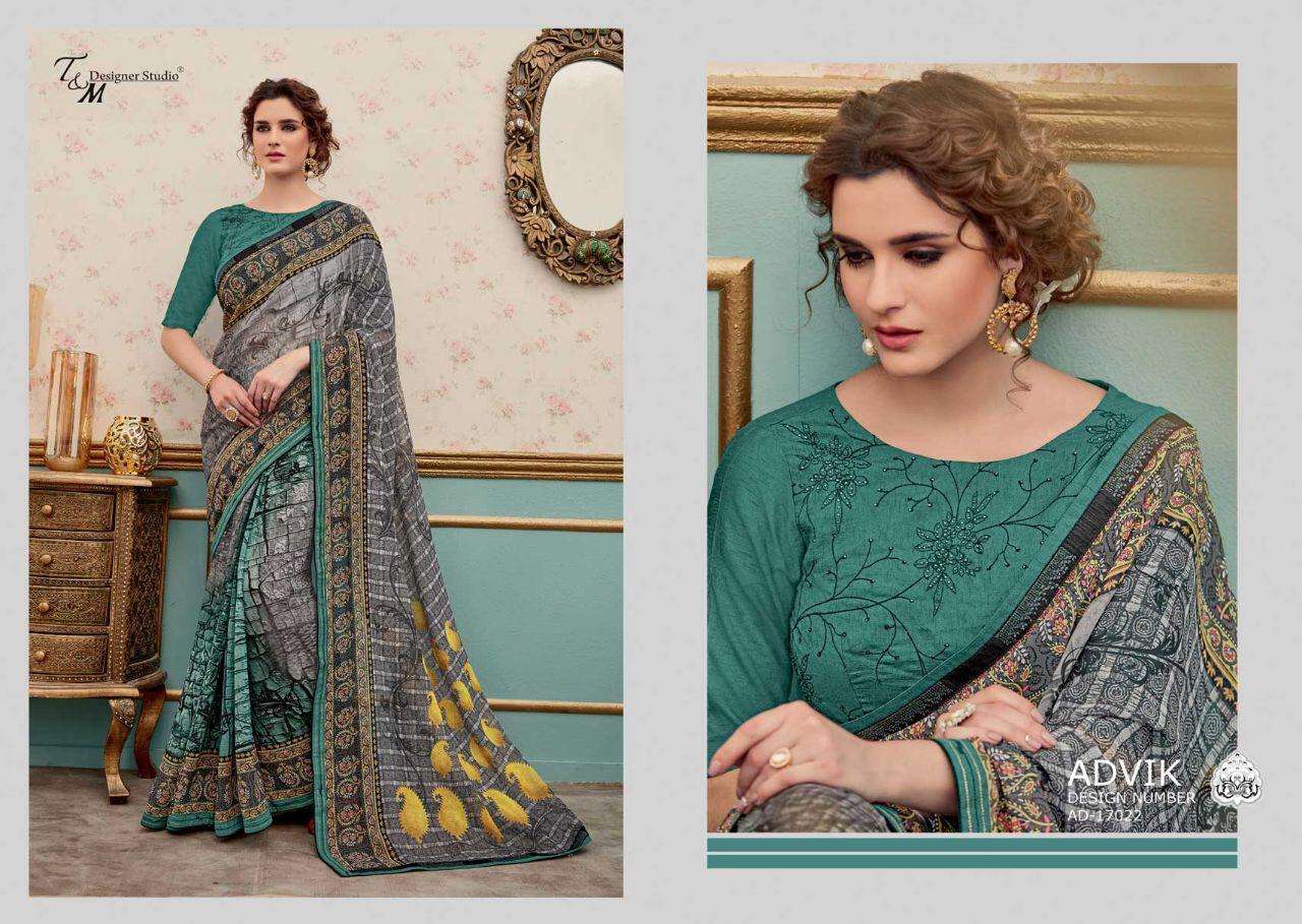 ADVIK BY T AND M DESIGNER STUDIO 17009 TO 17022 SERIES INDIAN TRADITIONAL WEAR COLLECTION BEAUTIFUL STYLISH FANCY COLORFUL PARTY WEAR & OCCASIONAL WEAR FANCY DESIGNER SAREES AT WHOLESALE PRICE