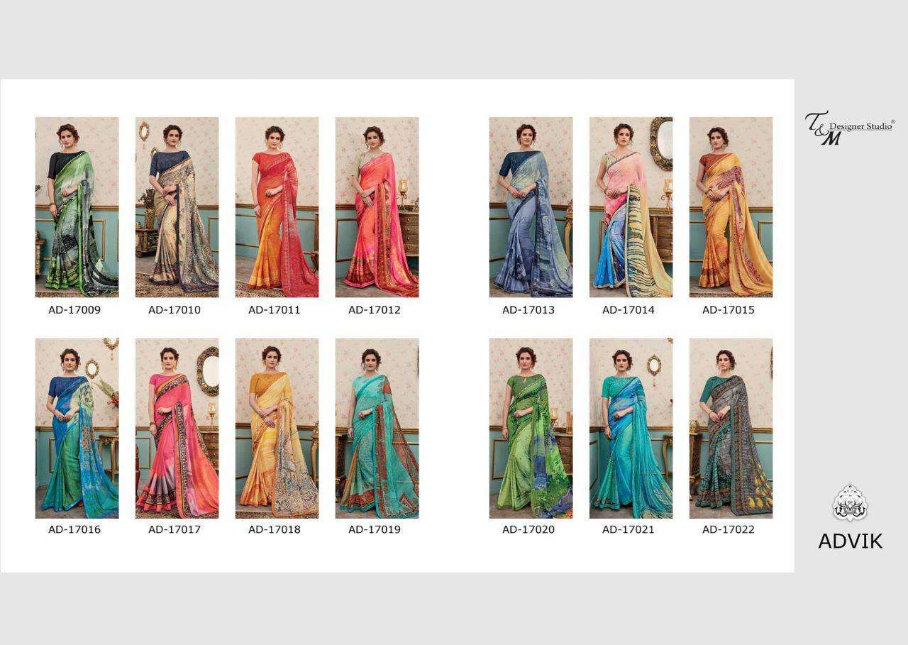 ADVIK BY T AND M DESIGNER STUDIO 17009 TO 17022 SERIES INDIAN TRADITIONAL WEAR COLLECTION BEAUTIFUL STYLISH FANCY COLORFUL PARTY WEAR & OCCASIONAL WEAR FANCY DESIGNER SAREES AT WHOLESALE PRICE