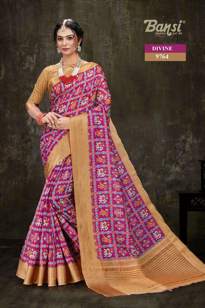 DIVINE BY BANSI FASHION 9761 TO 9768 SERIES INDIAN TRADITIONAL WEAR COLLECTION BEAUTIFUL STYLISH FANCY COLORFUL PARTY WEAR & OCCASIONAL WEAR ART SILK JACQUARD DIGITAL PRINTED SAREES AT WHOLESALE PRICE