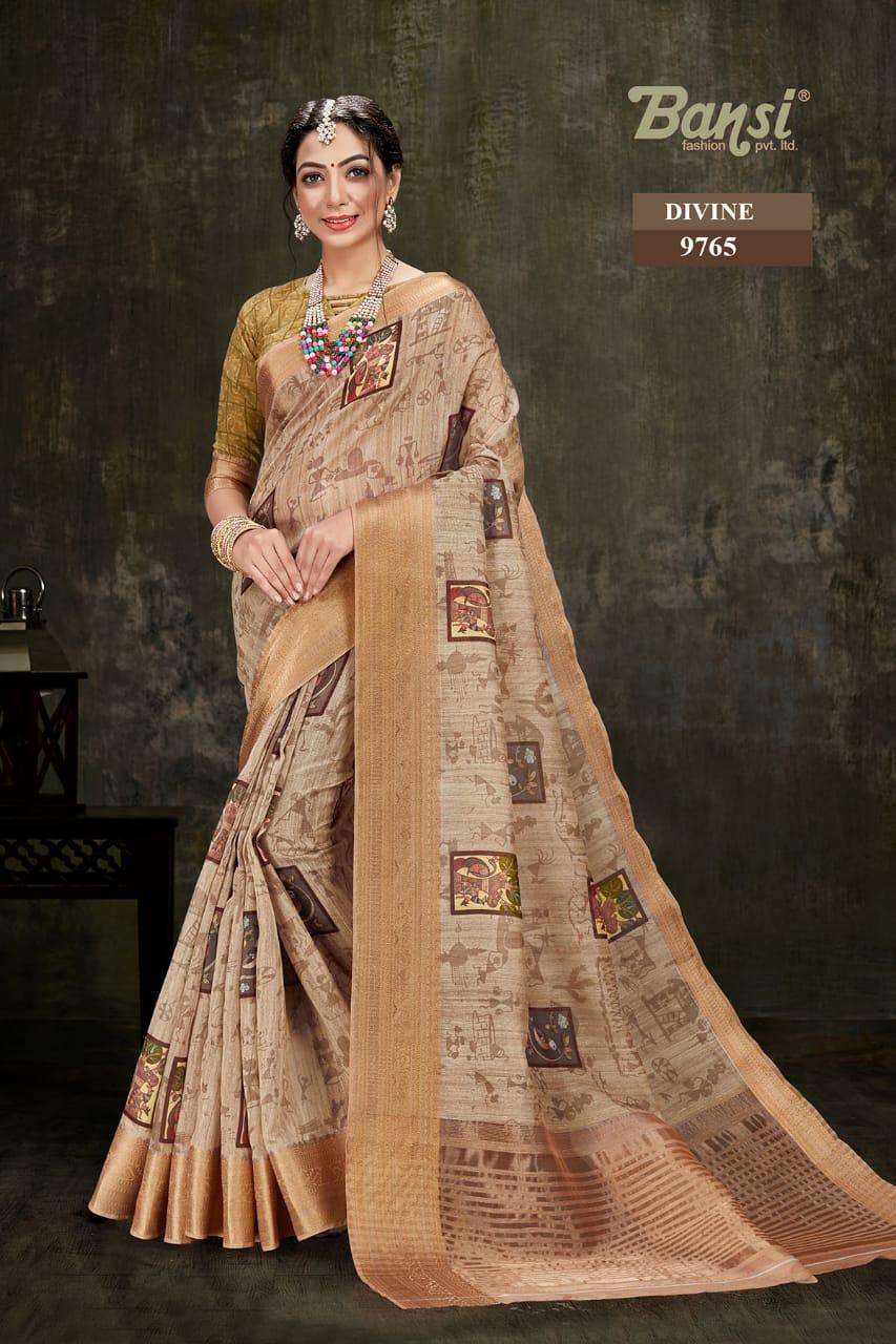 DIVINE BY BANSI FASHION 9761 TO 9768 SERIES INDIAN TRADITIONAL WEAR COLLECTION BEAUTIFUL STYLISH FANCY COLORFUL PARTY WEAR & OCCASIONAL WEAR ART SILK JACQUARD DIGITAL PRINTED SAREES AT WHOLESALE PRICE