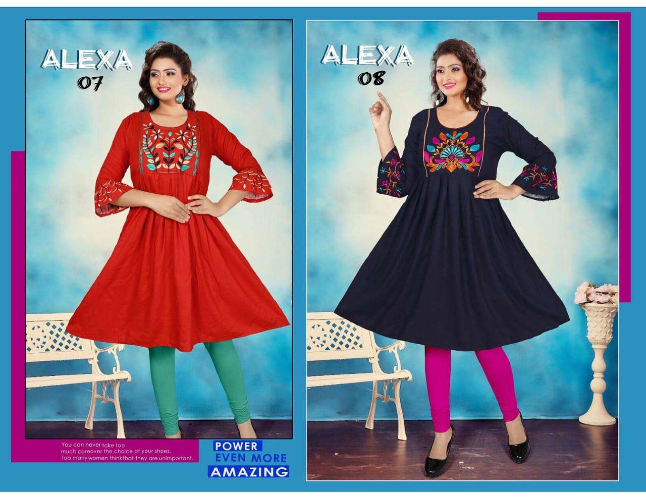 ALEXA BY HONEY 01 TO 10 SERIES BEAUTIFUL STYLISH COLORFUL FANCY PARTY WEAR & ETHNIC WEAR & READY TO WEAR RAYON PLAIN WITH EMBROIDERY KURTIS AT WHOLESALE PRICE