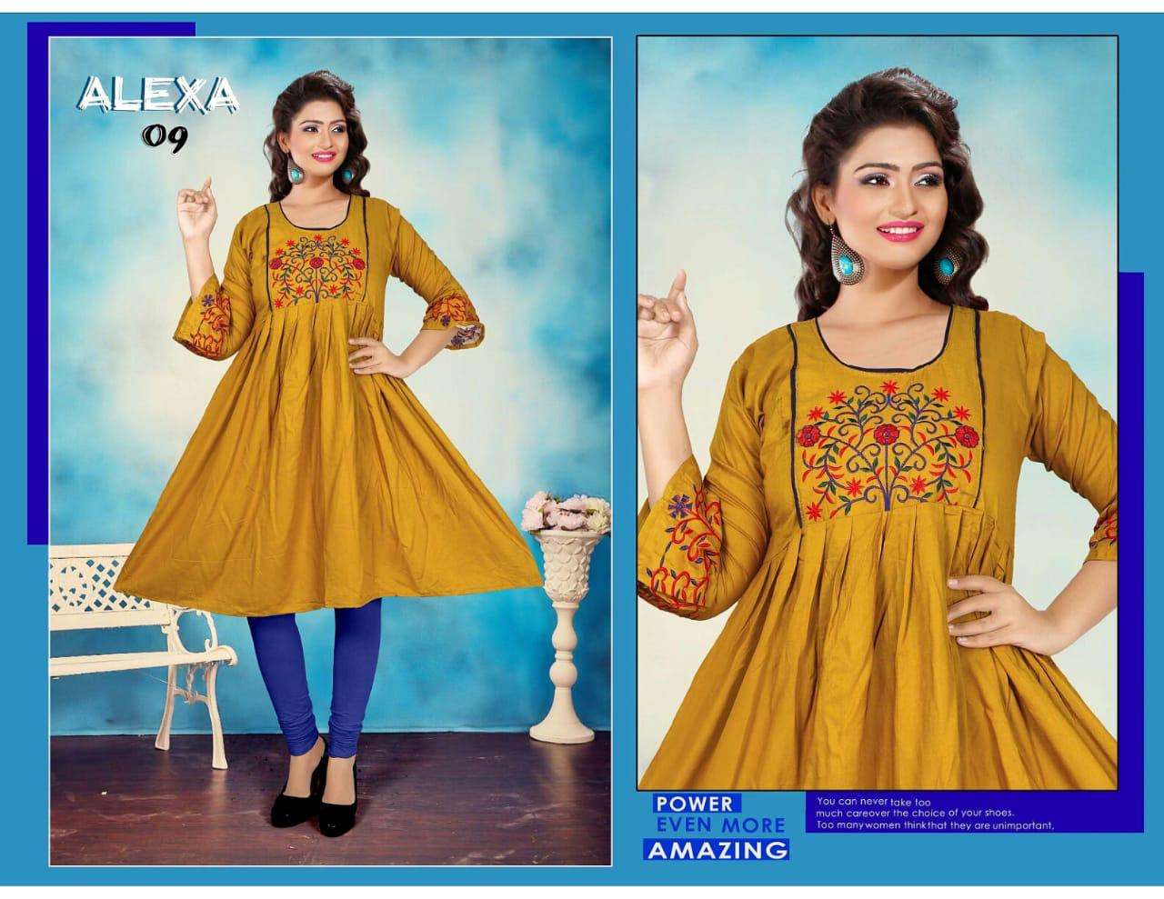 ALEXA BY HONEY 01 TO 10 SERIES BEAUTIFUL STYLISH COLORFUL FANCY PARTY WEAR & ETHNIC WEAR & READY TO WEAR RAYON PLAIN WITH EMBROIDERY KURTIS AT WHOLESALE PRICE