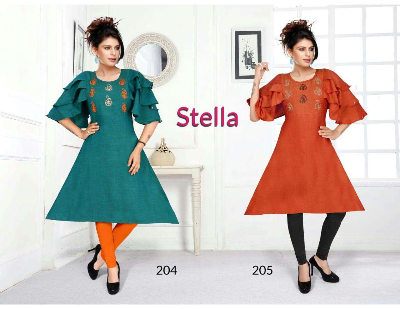 STELLA BY HONEY 201 TO 206 SERIES BEAUTIFUL STYLISH COLORFUL FANCY PARTY WEAR & ETHNIC WEAR & READY TO WEAR RAYON TWO TONE KURTIS AT WHOLESALE PRICE
